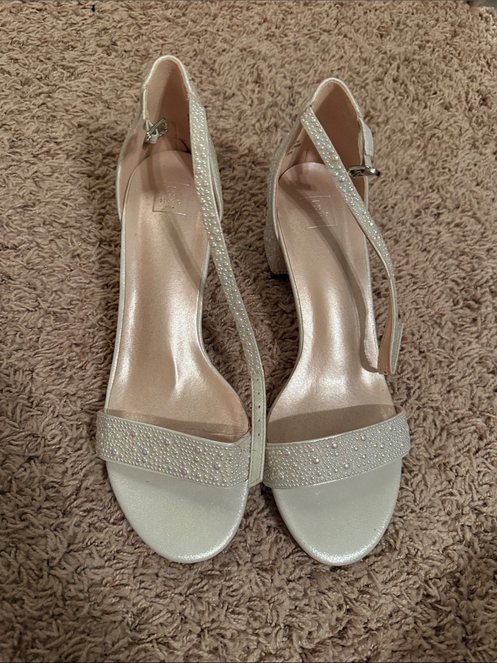 Ivory Rhinestone Ankle-Strap Block Heel Sandals